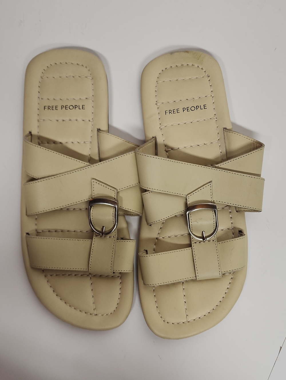 Free People Sloan Buttermilk Buckle Strap Slide Sandals Sz 10 Minimalist Trendy